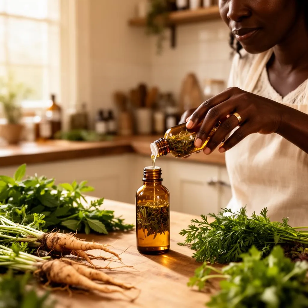 Hands pouring herbal oil into an amber bottle on a sunlit kitchen counter